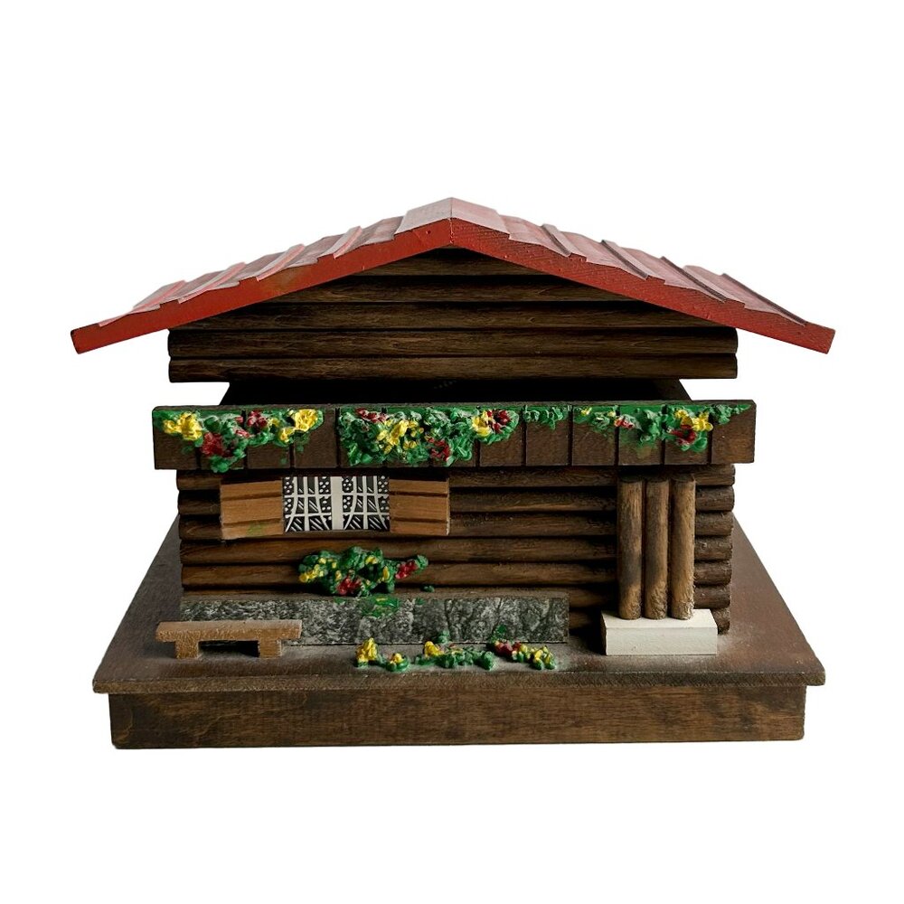 Vintage Red Chalet/Cabin Shaped Musical Jewelry Box with Mirror * Works